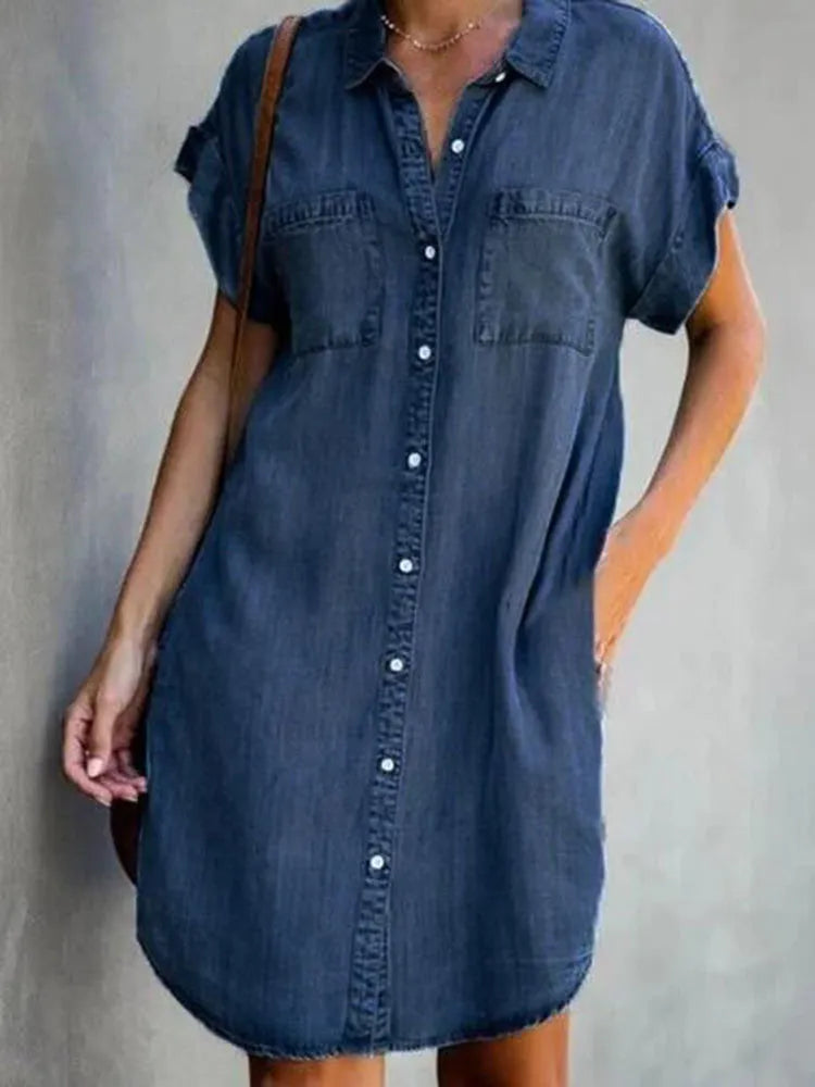 Summer New Single Breasted Denim Shirt Dress Women's Casual Loose