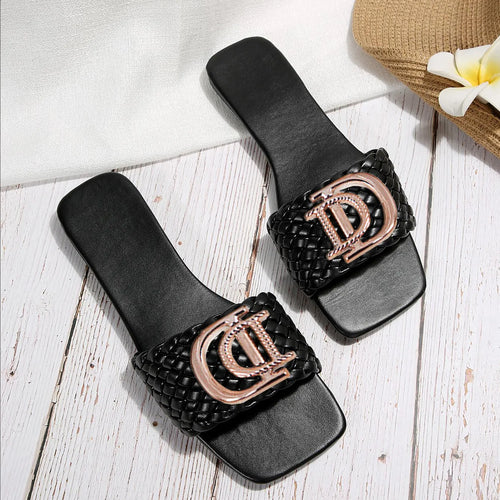 Women Luxury Decor Weave Design Flat Sandals Fashion Open-toe Vacation