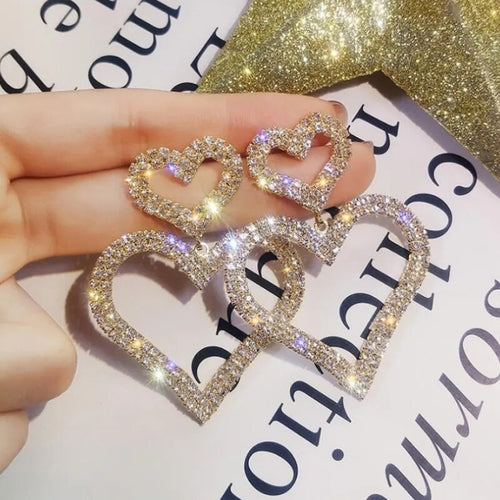 LATS New Heart Earrings Women's Luxurious Geometric Full Rhinestone