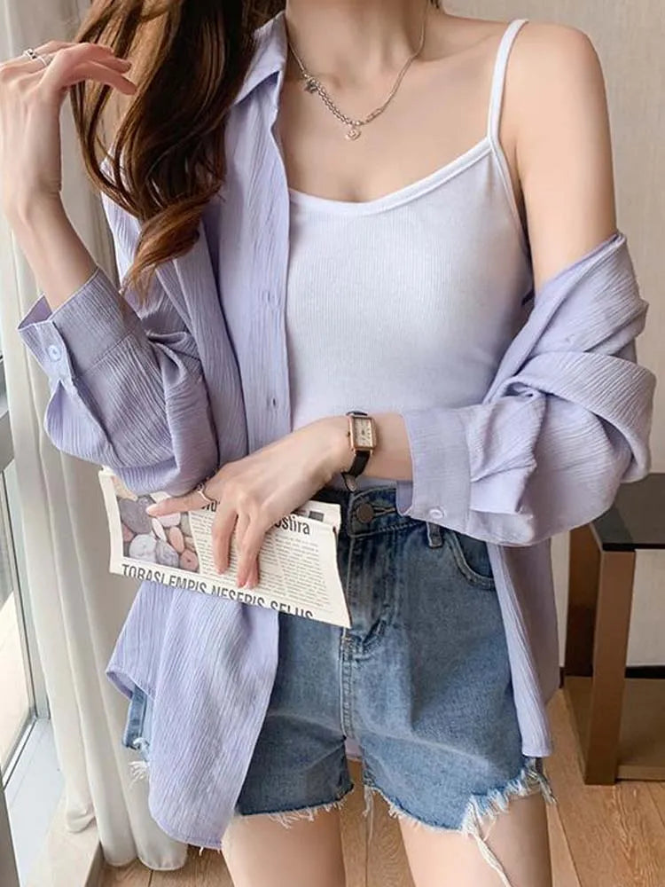 Korean Style Shirt Women Summer  Sunscreen Blouse Ladies Ice Silk