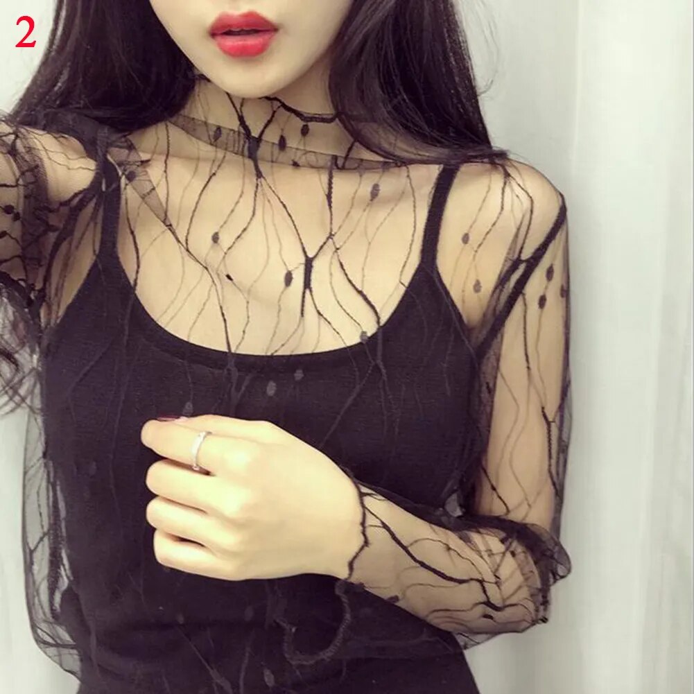 Women Lace Floral T Shirt Transparent Mesh Ladies Tops Sheer Blouses