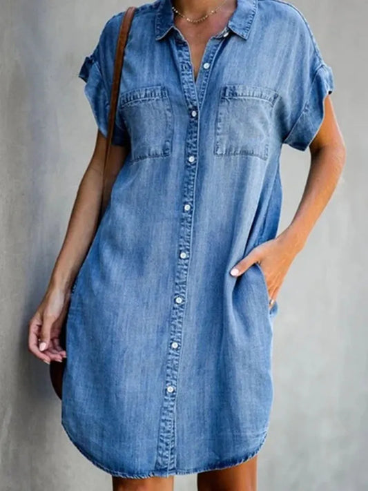 Summer New Single Breasted Denim Shirt Dress Women's Casual Loose