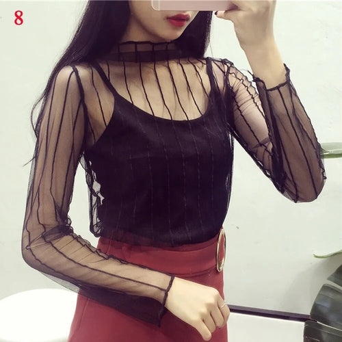 Women Lace Floral T Shirt Transparent Mesh Ladies Tops Sheer Blouses