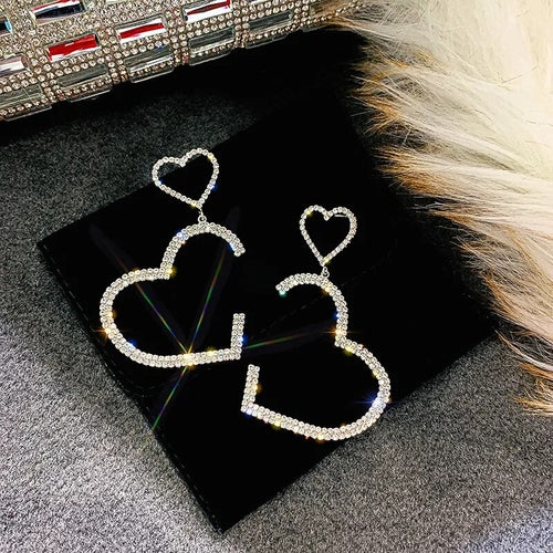 LATS New Heart Earrings Women's Luxurious Geometric Full Rhinestone