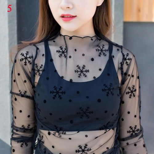 Women Lace Floral T Shirt Transparent Mesh Ladies Tops Sheer Blouses