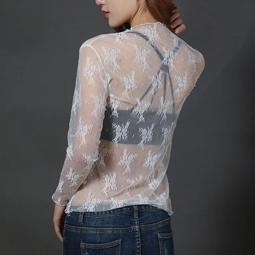 Women Lace Floral T Shirt Transparent Mesh Ladies Tops Sheer Blouses