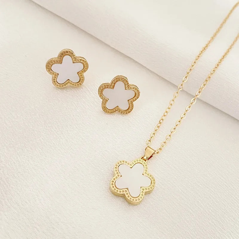 Luxury Five Leaf Flower Earrings Pendant Necklace Jewelry Set for