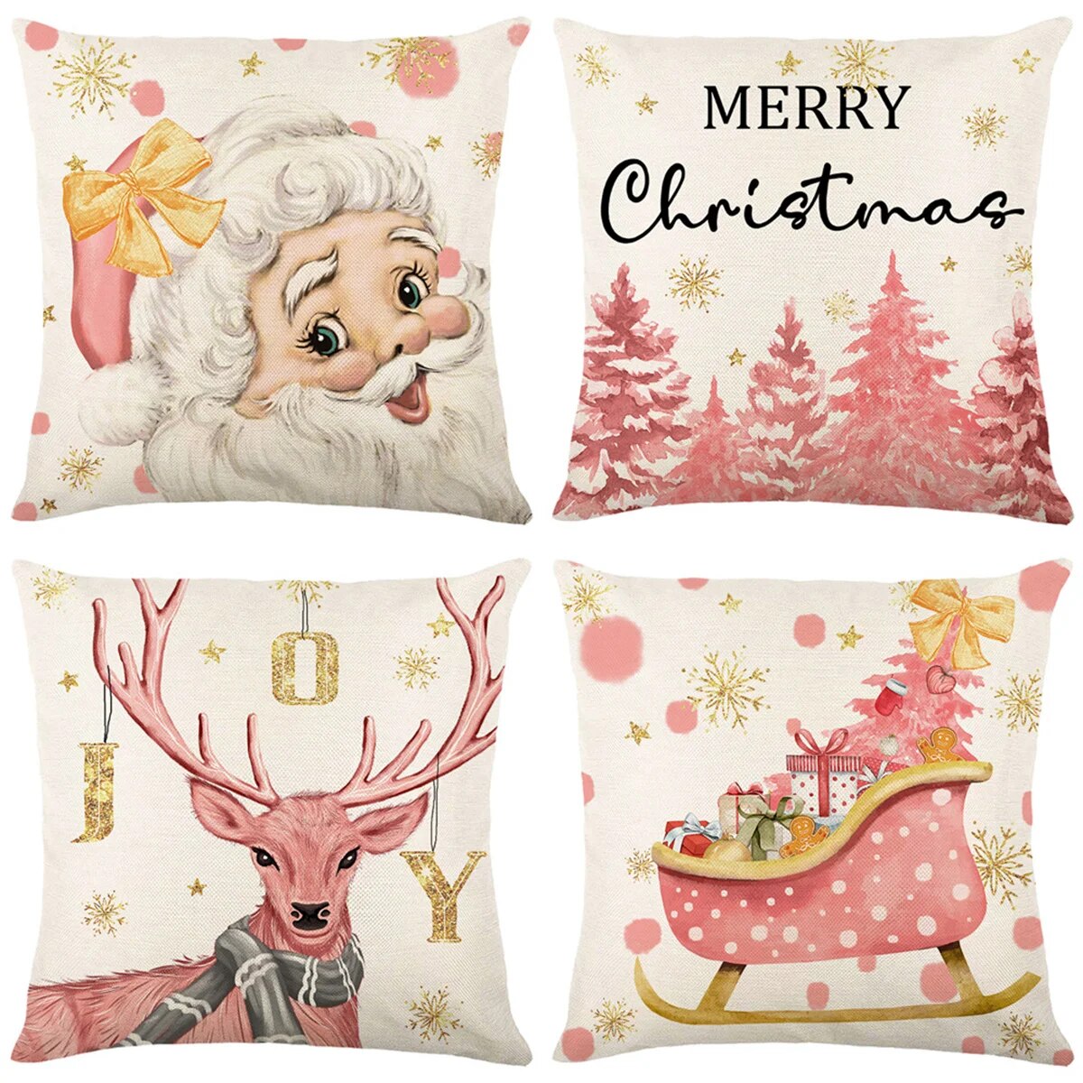 2023 Christmas Pillowcase Set of 4 Cartoon Elk Snowflake Xmas Holiday