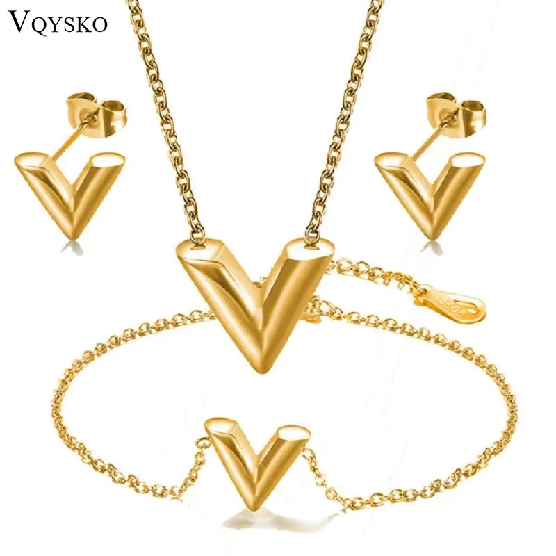 Fashion Brand V Letter Pendant Necklace For Woman Stainless Steel