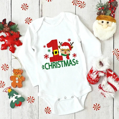 My First Christmas Newborn Baby Long Sleeve Romper Cartoon Deer Santa