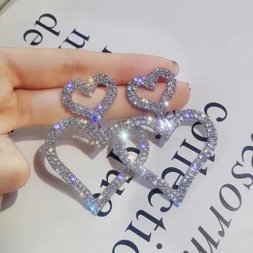 LATS New Heart Earrings Women's Luxurious Geometric Full Rhinestone