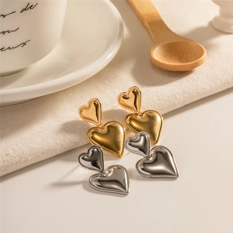 Luxury Trendy Double Heart Shaped Earrings Gold Plated Smooth Metal