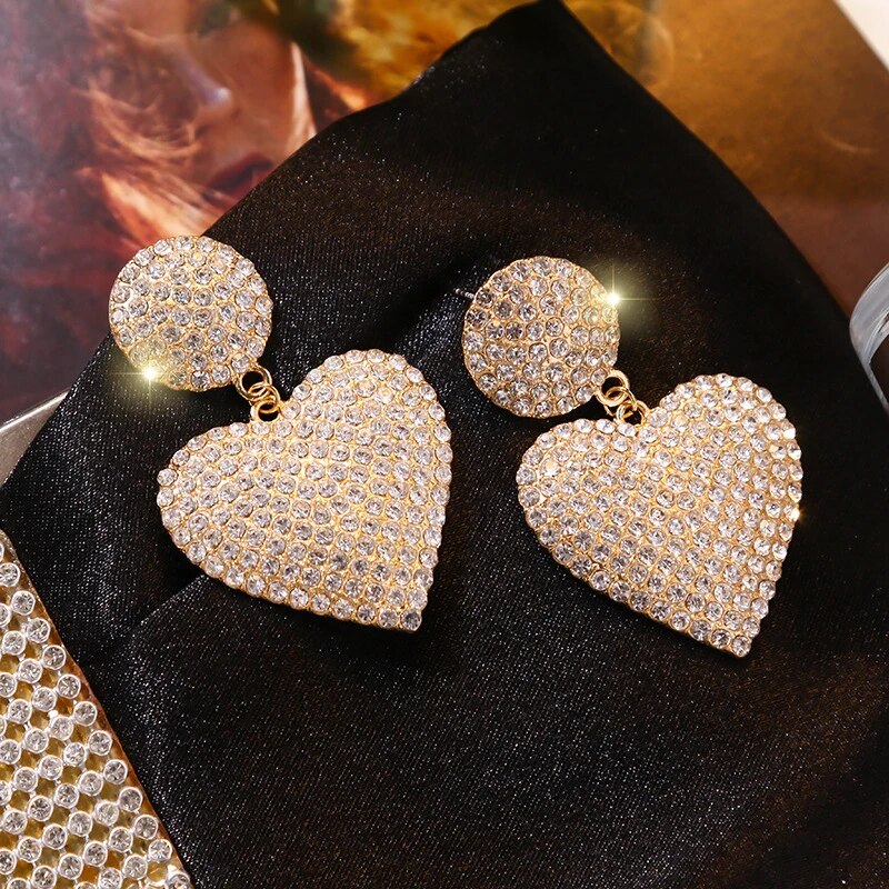 LATS New Heart Earrings Women's Luxurious Geometric Full Rhinestone