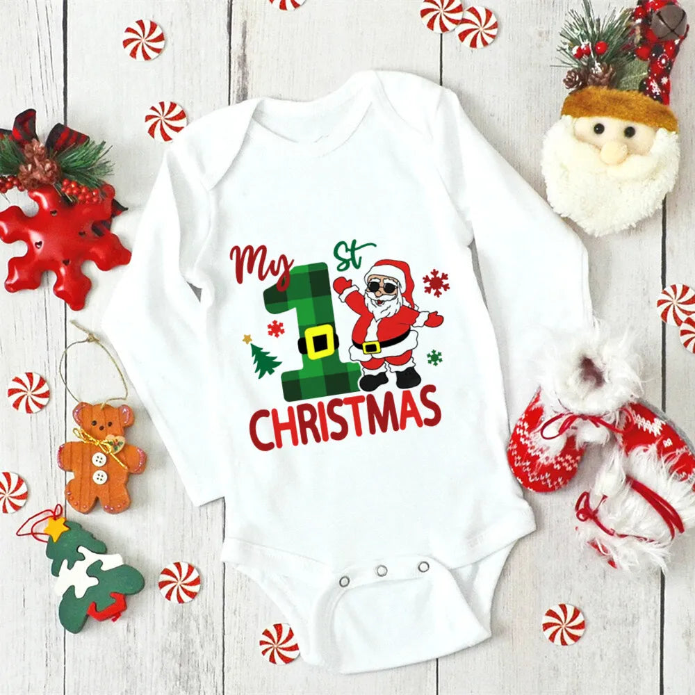 My First Christmas Newborn Baby Long Sleeve Romper Cartoon Deer Santa