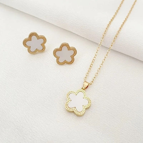 Luxury Five Leaf Flower Earrings Pendant Necklace Jewelry Set for