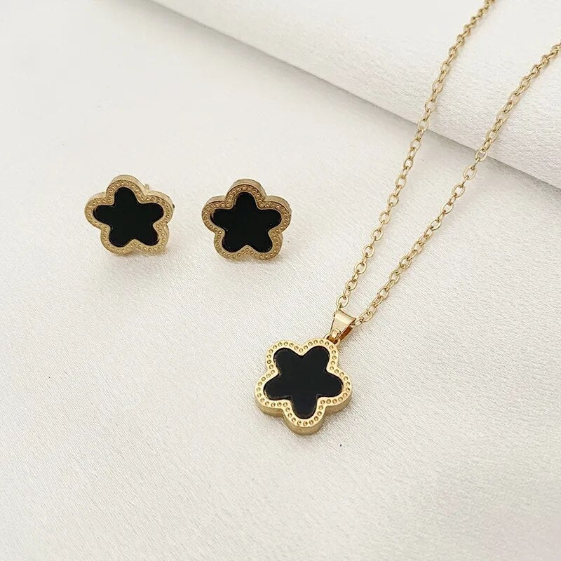 Luxury Five Leaf Flower Earrings Pendant Necklace Jewelry Set for