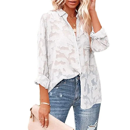 Mesh See Through Long Sleeve White Shirts Women Streetwear Flower