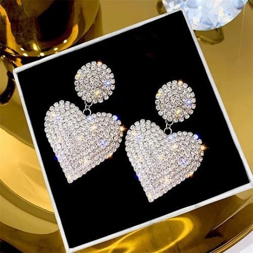 LATS New Heart Earrings Women's Luxurious Geometric Full Rhinestone