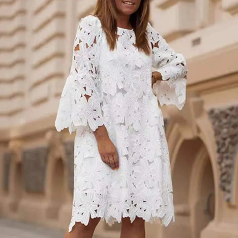 Fashion White Embroidered Summer Dress Women 2022 Elegant O Neck Half