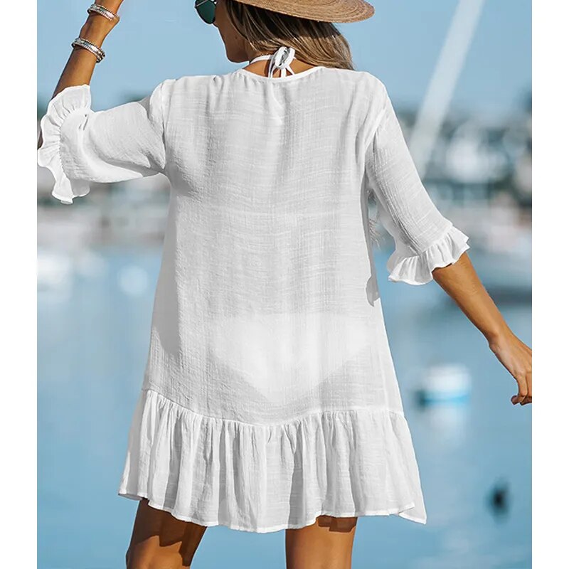 Ruffled Solid Cover Up Women Dress Solid Color Lightweight Long Sleeve