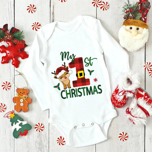 My First Christmas Newborn Baby Long Sleeve Romper Cartoon Deer Santa