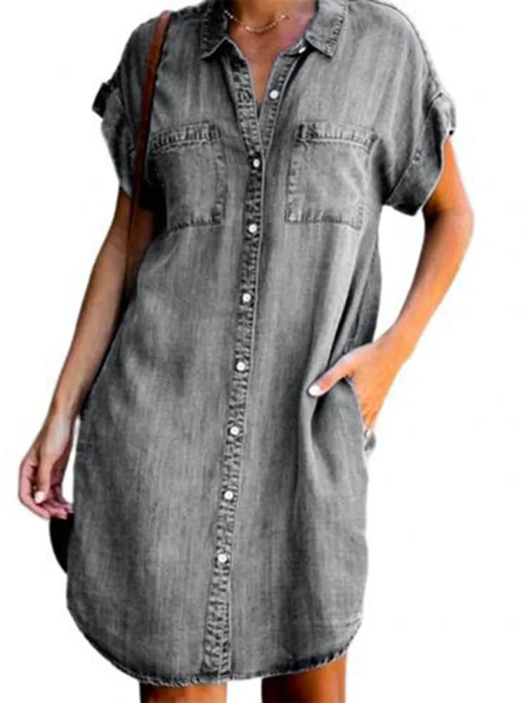 Summer New Single Breasted Denim Shirt Dress Women's Casual Loose