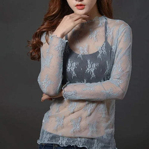 Women Lace Floral T Shirt Transparent Mesh Ladies Tops Sheer Blouses