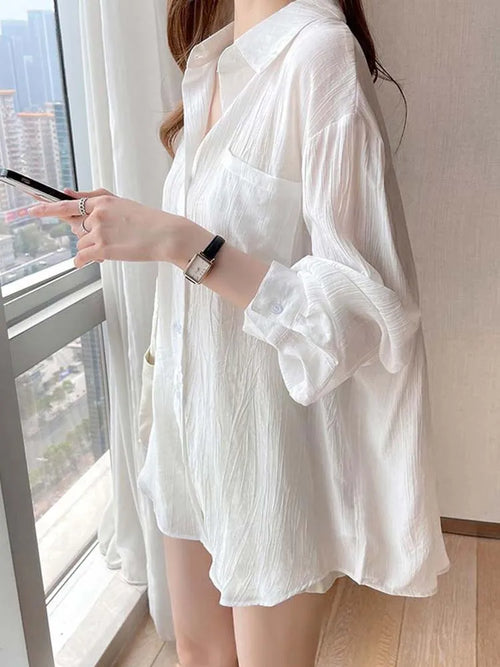 Korean Style Shirt Women Summer  Sunscreen Blouse Ladies Ice Silk