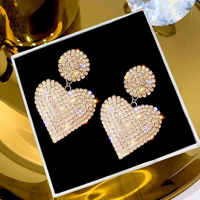 LATS New Heart Earrings Women's Luxurious Geometric Full Rhinestone