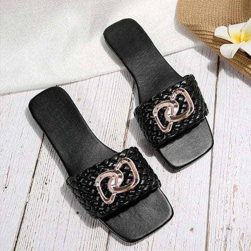 Women Luxury Decor Weave Design Flat Sandals Fashion Open-toe Vacation