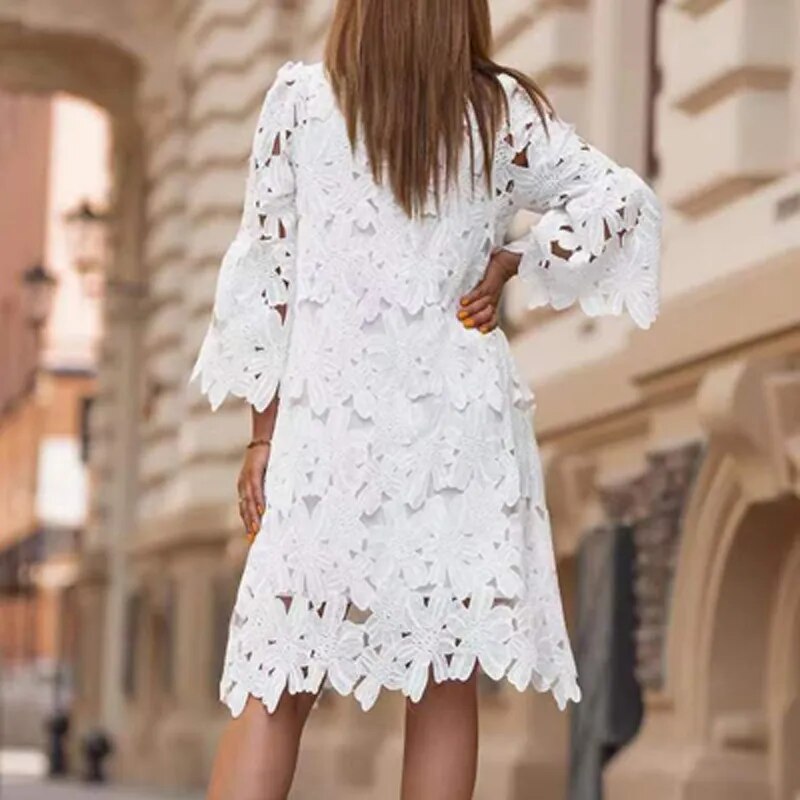 Fashion White Embroidered Summer Dress Women 2022 Elegant O Neck Half