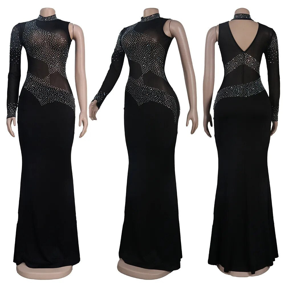 Rhinestone Sheer Luxury Party Dress Women Sexy Club Patchwork Long