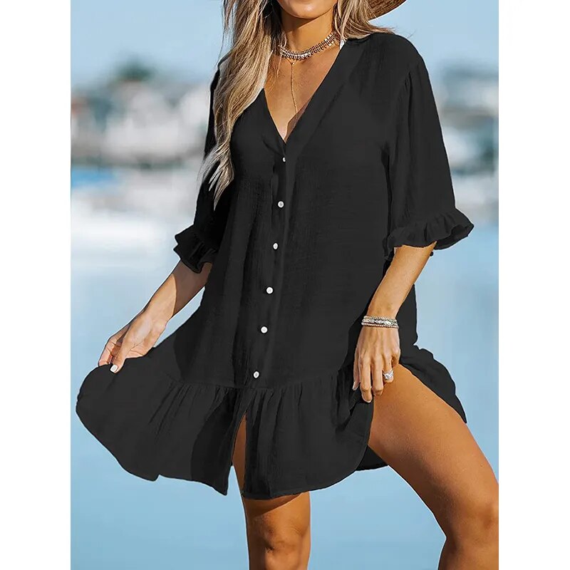 Ruffled Solid Cover Up Women Dress Solid Color Lightweight Long Sleeve