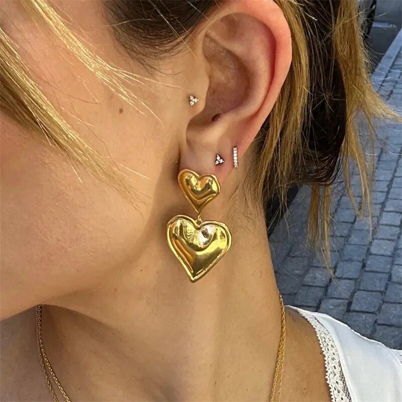 Luxury Trendy Double Heart Shaped Earrings Gold Plated Smooth Metal