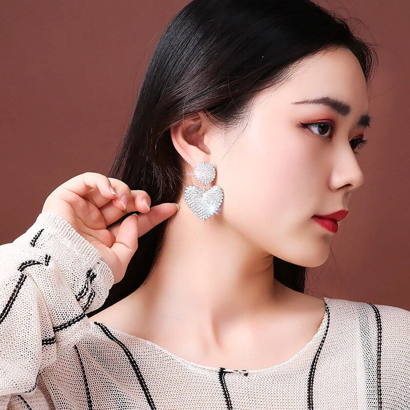 LATS New Heart Earrings Women's Luxurious Geometric Full Rhinestone