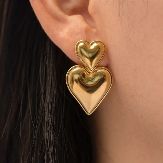 Luxury Trendy Double Heart Shaped Earrings Gold Plated Smooth Metal