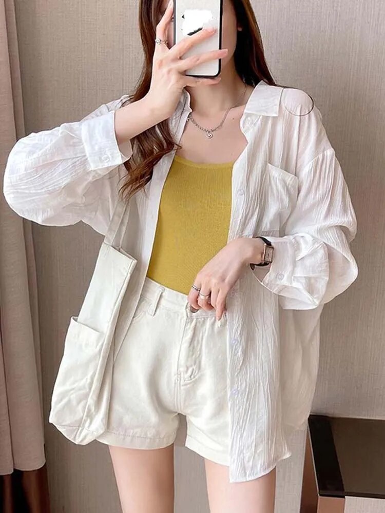 Korean Style Shirt Women Summer  Sunscreen Blouse Ladies Ice Silk