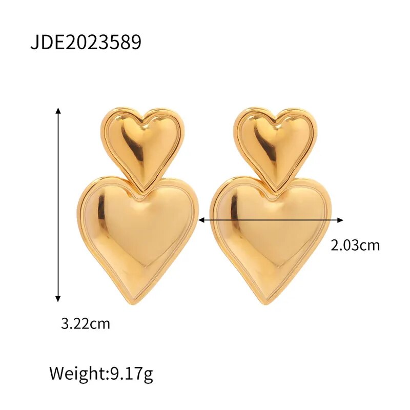 Luxury Trendy Double Heart Shaped Earrings Gold Plated Smooth Metal