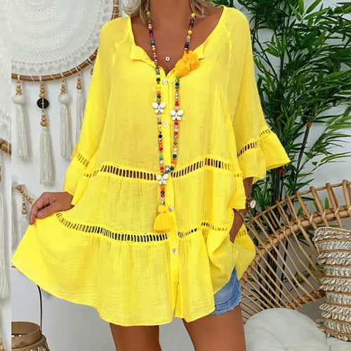 Yellow Summer Fall Cotton Linen Dresses for Women 3/4 Sleeve V-neck