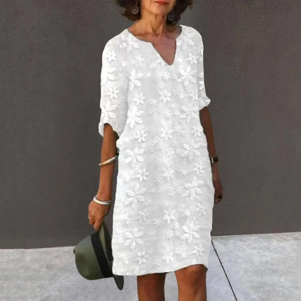 Summer Dress Half Sleeves Flower Embroidery Lady Dress Elegant V Neck