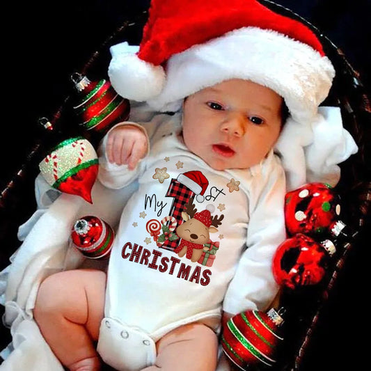 My First Christmas Newborn Baby Long Sleeve Romper Cartoon Deer Santa