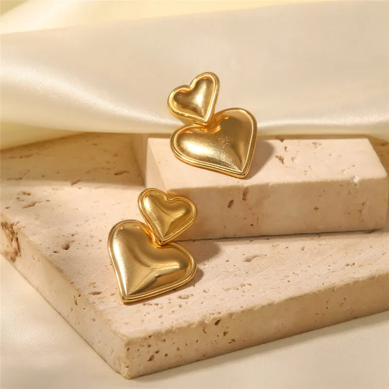 Luxury Trendy Double Heart Shaped Earrings Gold Plated Smooth Metal