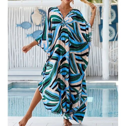 Cover up 2023 Boho Dress V neck Long Kaftan Dress for Women Beach