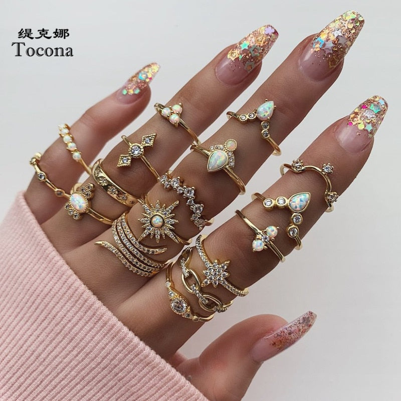 Tocona Boho 17pcs/sets Luxury Clear Crystal Stone wedding Ring Sets