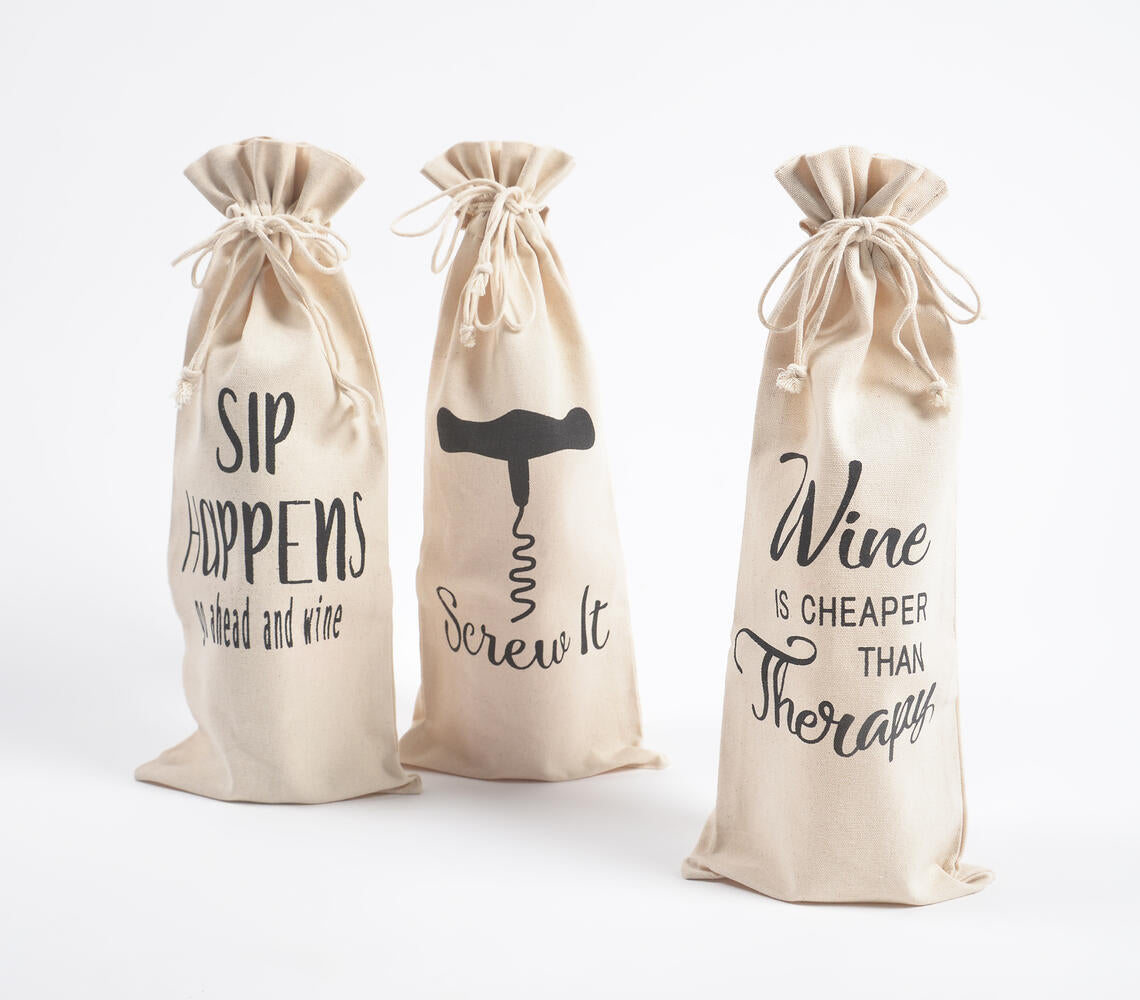 Typographic Drawstring Canvas Wine Bags (Set of 3)