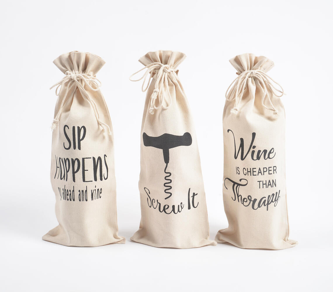 Typographic Drawstring Canvas Wine Bags (Set of 3)