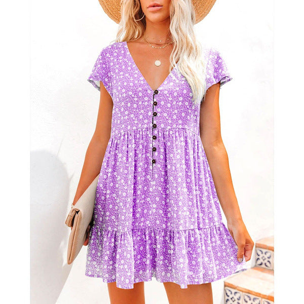 V-Neck Button Small Floral Short Sleeve Loose Casual Dress