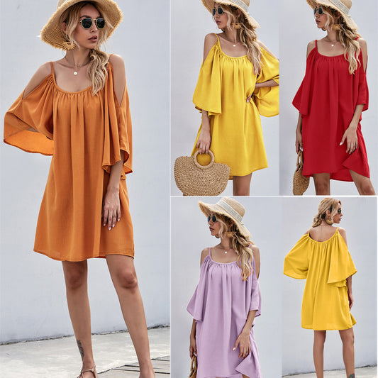 Casual Bell Sleeve Off-shoulder Dress