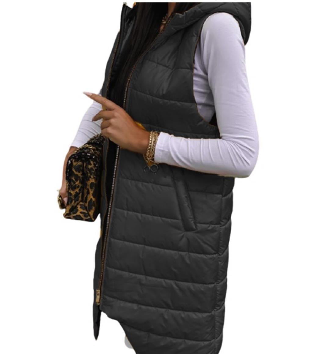 Cardigan Hooded Vest Single-breasted Sleeveless Pocket Mid-length Jacket