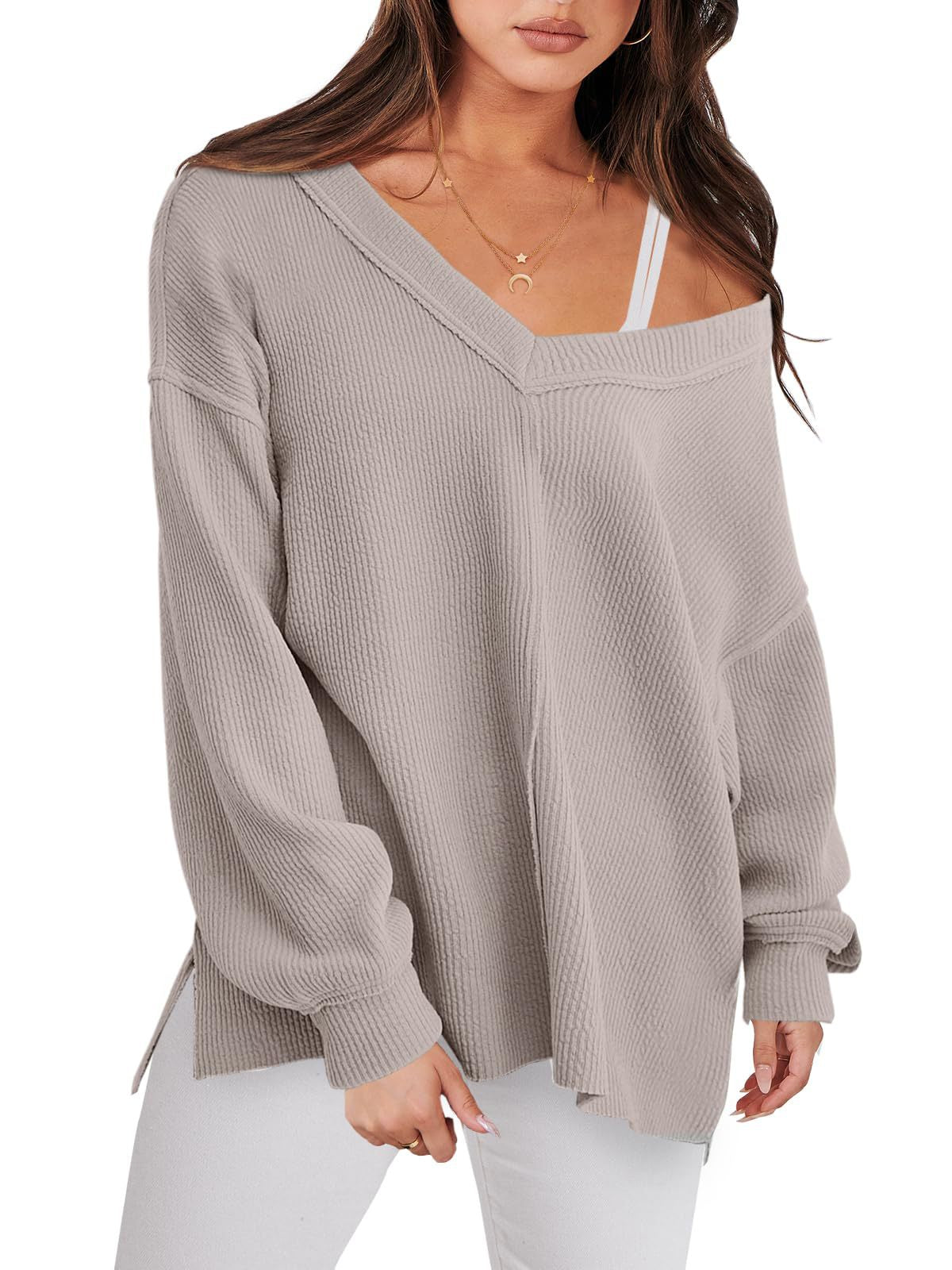 Fashion Lightweight V-neck Sweaters Women Winter Casual Long Sleeve Ribbed Knit Side Slit Pullover Top